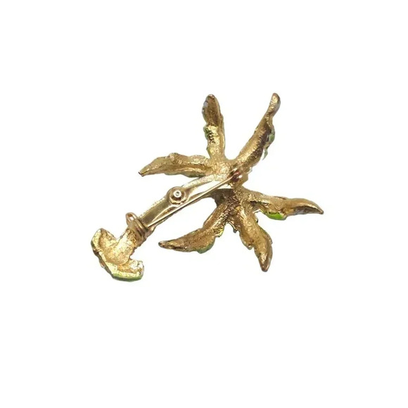 Faux Pearl Beaded Green Enamel Tropical Palm Tree Brooch Pin Gold Tone Vintage - Picture 3 of 4